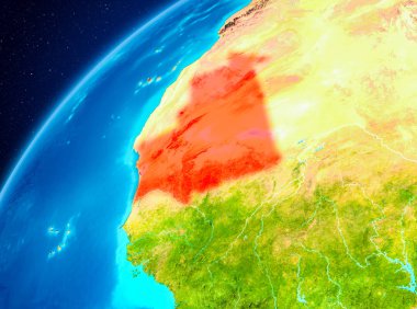 Yörünge görünümü Moritanya Planet Earth kırmızı vurgulanır. 3D çizim. Nasa tarafından döşenmiş bu görüntü unsurları.