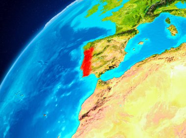 Yörünge görünümü Portekiz Planet Earth kırmızı vurgulanır. 3D çizim. Nasa tarafından döşenmiş bu görüntü unsurları.