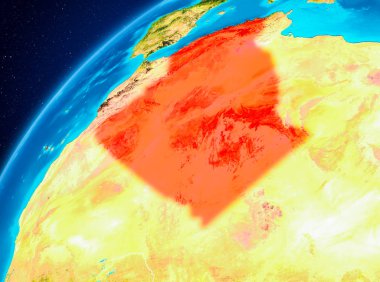 Yörünge görünümü Cezayir Planet Earth kırmızı vurgulanır. 3D çizim. Nasa tarafından döşenmiş bu görüntü unsurları.
