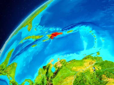 Yörünge görünümü Dominik Cumhuriyeti Planet Earth kırmızı vurgulanır. 3D çizim. Nasa tarafından döşenmiş bu görüntü unsurları.
