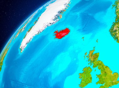 Yörünge görünümü İzlanda Planet Earth kırmızı vurgulanır. 3D çizim. Nasa tarafından döşenmiş bu görüntü unsurları.