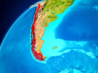 Yörünge görünümü Şili Planet Earth kırmızı vurgulanır. 3D çizim. Nasa tarafından döşenmiş bu görüntü unsurları.