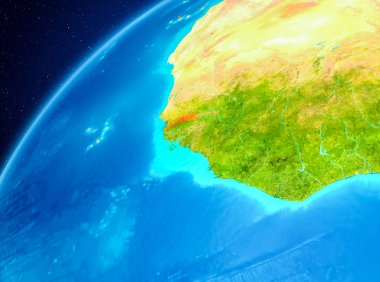 Yörünge görünümü Gambiya Planet Earth kırmızı vurgulanır. 3D çizim. Nasa tarafından döşenmiş bu görüntü unsurları.