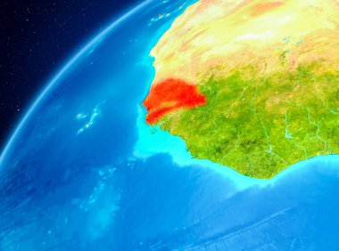 Yörünge görünümü Senegal Planet Earth kırmızı vurgulanır. 3D çizim. Nasa tarafından döşenmiş bu görüntü unsurları.