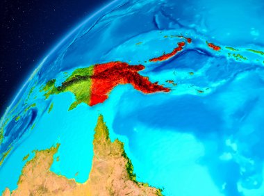 Yörünge görünümü, Papua Yeni Gine Planet Earth kırmızı vurgulanır. 3D çizim. Nasa tarafından döşenmiş bu görüntü unsurları.