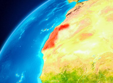 Yörünge görünümü Western Sahara Planet Earth kırmızı vurgulanır. 3D çizim. Nasa tarafından döşenmiş bu görüntü unsurları.
