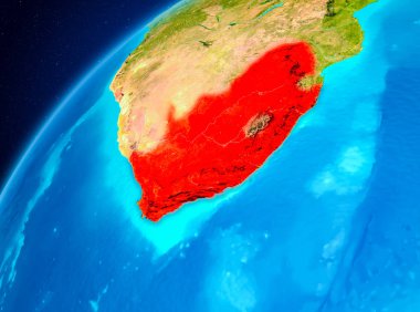 Yörünge görünümü Güney Afrika Planet Earth kırmızı vurgulanır. 3D çizim. Nasa tarafından döşenmiş bu görüntü unsurları.