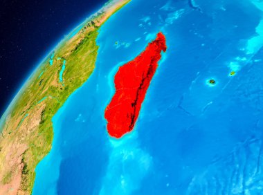 Yörünge görünümü Madagaskar Planet Earth kırmızı vurgulanır. 3D çizim. Nasa tarafından döşenmiş bu görüntü unsurları.