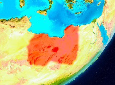 Gezegeni uzaydan görüldüğü gibi Libya Haritası. 3D çizim. Nasa tarafından döşenmiş bu görüntü unsurları.