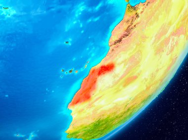 Batı gezegeni uzaydan görüldüğü gibi Sahra haritası. 3D çizim. Nasa tarafından döşenmiş bu görüntü unsurları.