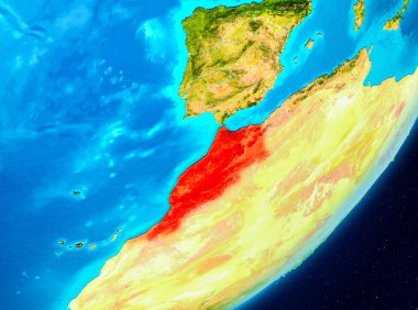 Gezegeni uzaydan görüldüğü gibi Fas Haritası. 3D çizim. Nasa tarafından döşenmiş bu görüntü unsurları.