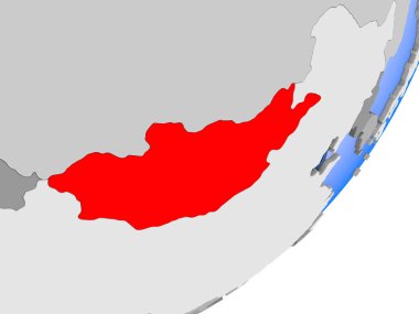 şeffaf okyanuslar ile siyasi dünya üzerinde 3D render Moğolistan. 3D çizim.