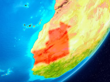 Gezegeni uzaydan görüldüğü gibi Moritanya Haritası. 3D çizim. Nasa tarafından döşenmiş bu görüntü unsurları.