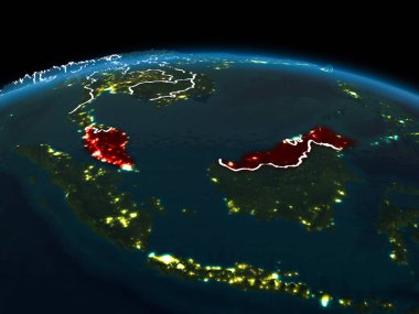 Malezya alan yörünge görünümü görünür ülke sınırları ve şehir ışıkları ile gece Planet Earth Kırmızı vurgulanır. 3D çizim. Nasa tarafından döşenmiş bu görüntü unsurları.