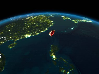 Uzay yörüngeye görünüm Tayvan red Planet Earth görünür ülke sınırları ve şehir ışıkları ile gece vurgulanmış. 3D çizim. Nasa tarafından döşenmiş bu görüntü unsurları.