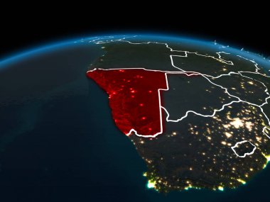 Namibya uzay yörüngeye görünümünü görünür ülke sınırları ve şehir ışıkları ile gece Planet Earth Kırmızı vurgulanır. 3D çizim. Nasa tarafından döşenmiş bu görüntü unsurları.