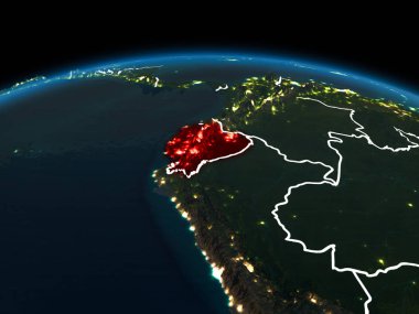 Uzay yörünge görünümü Ekvador görünür ülke sınırları ve şehir ışıkları ile gece Planet Earth Kırmızı vurgulanır. 3D çizim. Nasa tarafından döşenmiş bu görüntü unsurları.