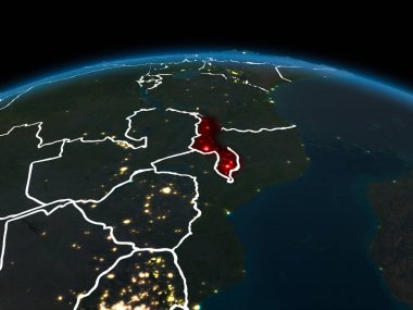 Uzay yörünge görünümü Malawi görünür ülke sınırları ve şehir ışıkları ile gece Planet Earth Kırmızı vurgulanır. 3D çizim. Nasa tarafından döşenmiş bu görüntü unsurları.