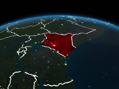 Uzay yörünge görünümü Kenya görünür ülke sınırları ve şehir ışıkları ile gece Planet Earth Kırmızı vurgulanır. 3D çizim. Nasa tarafından döşenmiş bu görüntü unsurları.