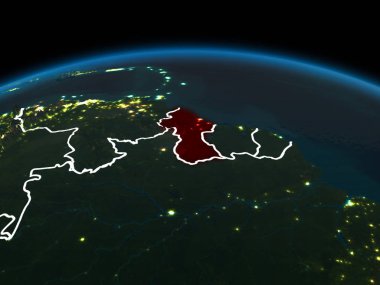 Uzay yörünge görünümü Guyana görünür ülke sınırları ve şehir ışıkları ile gece Planet Earth Kırmızı vurgulanır. 3D çizim. Nasa tarafından döşenmiş bu görüntü unsurları.