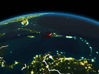 Uzay yörünge görünümü Haiti görünür ülke sınırları ve şehir ışıkları ile gece Planet Earth Kırmızı vurgulanır. 3D çizim. Nasa tarafından döşenmiş bu görüntü unsurları.