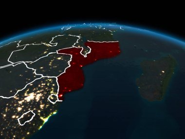 Uzay yörüngeye görünümünü Mozambik görünür ülke sınırları ve şehir ışıkları ile gece Planet Earth Kırmızı vurgulanır. 3D çizim. Nasa tarafından döşenmiş bu görüntü unsurları.