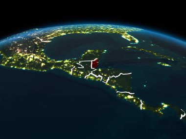 Belize alan yörünge görünümü görünür ülke sınırları ve şehir ışıkları ile gece Planet Earth Kırmızı vurgulanır. 3D çizim. Nasa tarafından döşenmiş bu görüntü unsurları.
