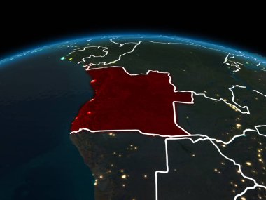 Uzay yörünge görünümü Angola görünür ülke sınırları ve şehir ışıkları ile gece Planet Earth Kırmızı vurgulanır. 3D çizim. Nasa tarafından döşenmiş bu görüntü unsurları.