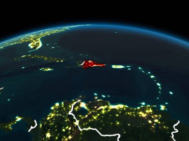 Dominik Cumhuriyeti görünür ülke sınırları ve şehir ışıkları ile gece red Planet Earth vurgulanmış alanı yörünge görünümü. 3D çizim. Nasa tarafından döşenmiş bu görüntü unsurları.