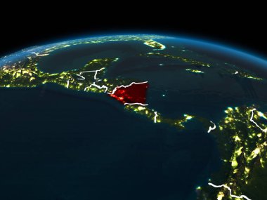 Uzay yörünge görünümü Nikaragua görünür ülke sınırları ve şehir ışıkları ile gece Planet Earth Kırmızı vurgulanır. 3D çizim. Nasa tarafından döşenmiş bu görüntü unsurları.