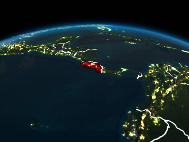 Kosta Rika görünür ülke sınırları ve şehir ışıkları ile gece red Planet Earth vurgulanmış alanı yörünge görünümü. 3D çizim. Nasa tarafından döşenmiş bu görüntü unsurları.
