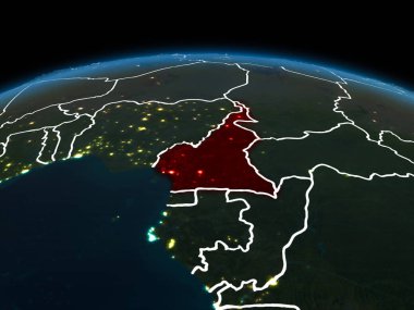 Uzay yörüngeye görünümünü Kamerun görünür ülke sınırları ve şehir ışıkları ile gece Planet Earth Kırmızı vurgulanır. 3D çizim. Nasa tarafından döşenmiş bu görüntü unsurları.