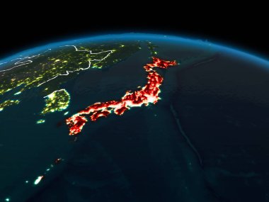 Japonya uzay yörüngeye görünümünü görünür ülke sınırları ve şehir ışıkları ile gece Planet Earth Kırmızı vurgulanır. 3D çizim. Nasa tarafından döşenmiş bu görüntü unsurları.