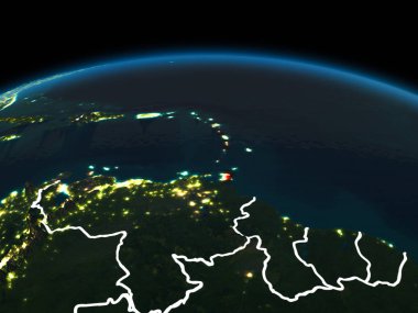 Uzay yörünge görünümü Karayipler görünür ülke sınırları ve şehir ışıkları ile gece Planet Earth Kırmızı vurgulanır. 3D çizim. Nasa tarafından döşenmiş bu görüntü unsurları.