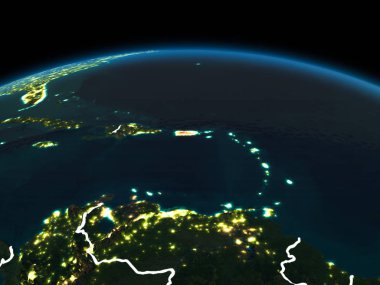 Porto Riko görünür ülke sınırları ve şehir ışıkları ile gece red Planet Earth vurgulanmış alanı yörünge görünümü. 3D çizim. Nasa tarafından döşenmiş bu görüntü unsurları.