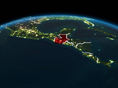 Guatemala alan yörünge görünümü görünür ülke sınırları ve şehir ışıkları ile gece Planet Earth Kırmızı vurgulanır. 3D çizim. Nasa tarafından döşenmiş bu görüntü unsurları.