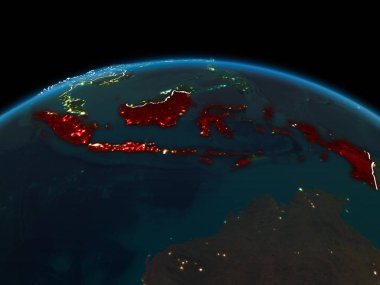 Uzay yörünge görünümü Endonezya görünür ülke sınırları ve şehir ışıkları ile gece Planet Earth Kırmızı vurgulanır. 3D çizim. Nasa tarafından döşenmiş bu görüntü unsurları.