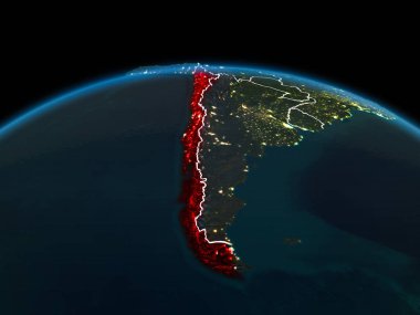 Uzay yörünge görünümü Şili görünür ülke sınırları ve şehir ışıkları ile gece Planet Earth Kırmızı vurgulanır. 3D çizim. Nasa tarafından döşenmiş bu görüntü unsurları.