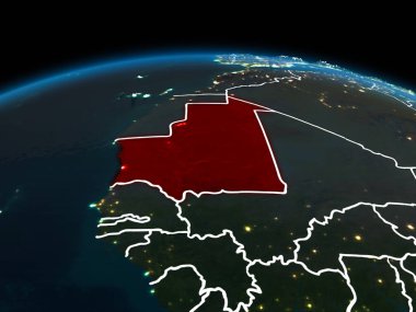 Moritanya alan yörünge görünümü görünür ülke sınırları ve şehir ışıkları ile gece Planet Earth Kırmızı vurgulanır. 3D çizim. Nasa tarafından döşenmiş bu görüntü unsurları.