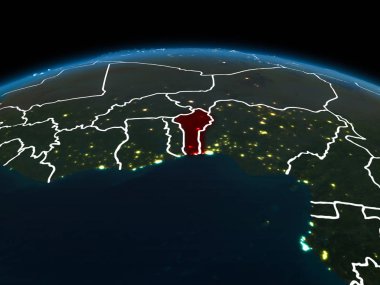 Uzay yörüngeye görünümünü Benin görünür ülke sınırları ve şehir ışıkları ile gece Planet Earth Kırmızı vurgulanır. 3D çizim. Nasa tarafından döşenmiş bu görüntü unsurları.