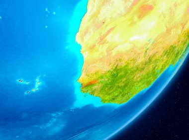 Gezegeni uzaydan görüldüğü gibi Gambiya haritası. 3D çizim. Nasa tarafından döşenmiş bu görüntü unsurları.