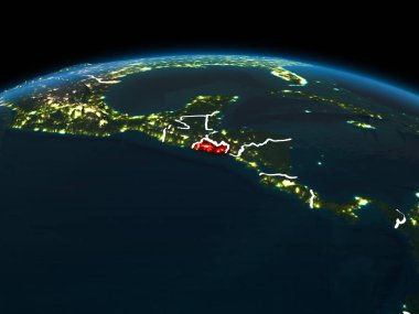 El Salvador görünür ülke sınırları ve şehir ışıkları ile gece red Planet Earth vurgulanmış alanı yörünge görünümü. 3D çizim. Nasa tarafından döşenmiş bu görüntü unsurları.