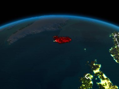 İzlanda alan yörünge görünümü görünür ülke sınırları ve şehir ışıkları ile gece Planet Earth Kırmızı vurgulanır. 3D çizim. Nasa tarafından döşenmiş bu görüntü unsurları.