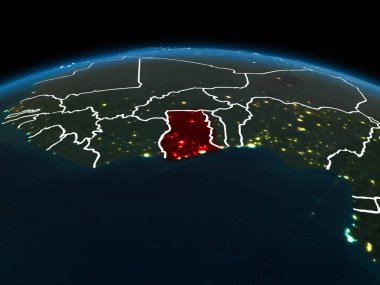 Gana alan yörünge görünümü görünür ülke sınırları ve şehir ışıkları ile gece Planet Earth Kırmızı vurgulanır. 3D çizim. Nasa tarafından döşenmiş bu görüntü unsurları.
