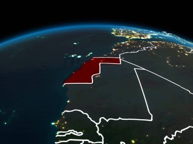 Batı Sahra görünür ülke sınırları ve şehir ışıkları ile gece red Planet Earth vurgulanmış alanı yörünge görünümü. 3D çizim. Nasa tarafından döşenmiş bu görüntü unsurları.