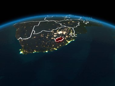 Lesotho uzay yörüngeye görünümünü görünür ülke sınırları ve şehir ışıkları ile gece Planet Earth kırmızı vurgulanır. 3D çizim. Nasa tarafından döşenmiş bu görüntü unsurları.