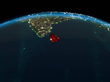 Sri Lanka görünür ülke sınırları ve şehir ışıkları ile gece red Planet Earth vurgulanmış alanı yörünge görünümü. 3D çizim. Nasa tarafından döşenmiş bu görüntü unsurları.