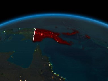 Papua Yeni Gine görünür ülke sınırları ve şehir ışıkları ile gece red Planet Earth vurgulanmış alanı yörünge görünümü. 3D çizim. Nasa tarafından döşenmiş bu görüntü unsurları.