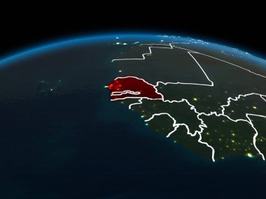 Uzay yörünge görünümü Senegal görünür ülke sınırları ve şehir ışıkları ile gece Planet Earth Kırmızı vurgulanır. 3D çizim. Nasa tarafından döşenmiş bu görüntü unsurları.