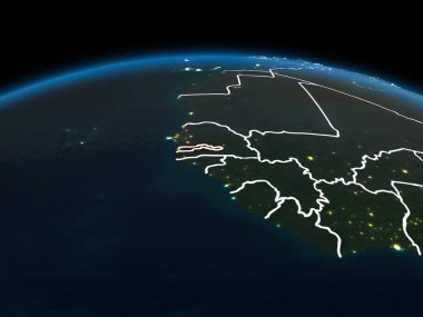 Uzay yörüngeye görünümünü Gambiya görünür ülke sınırları ve şehir ışıkları ile gece Planet Earth kırmızı vurgulanır. 3D çizim. Nasa tarafından döşenmiş bu görüntü unsurları.